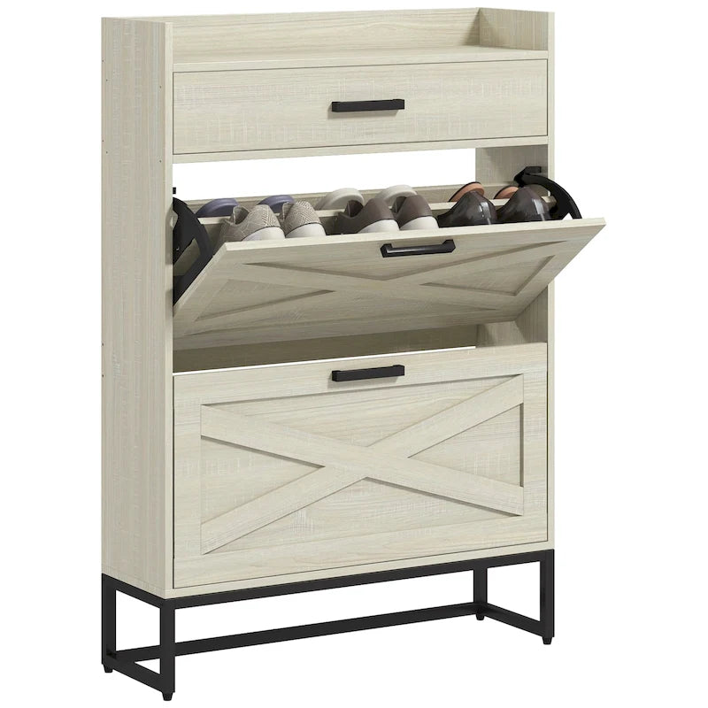 Narrow Shoe Cabinet, Industrial Shoe Storage Cabinet with 2 Flip Drawers, Adjustable Shelves, and Top Drawer