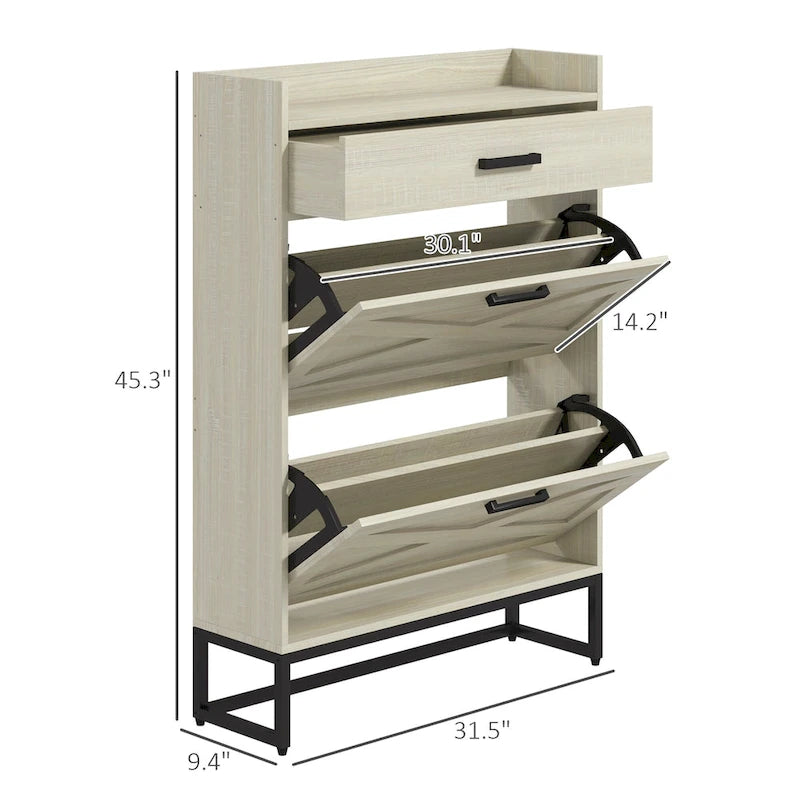 Narrow Shoe Cabinet, Industrial Shoe Storage Cabinet with 2 Flip Drawers, Adjustable Shelves, and Top Drawer