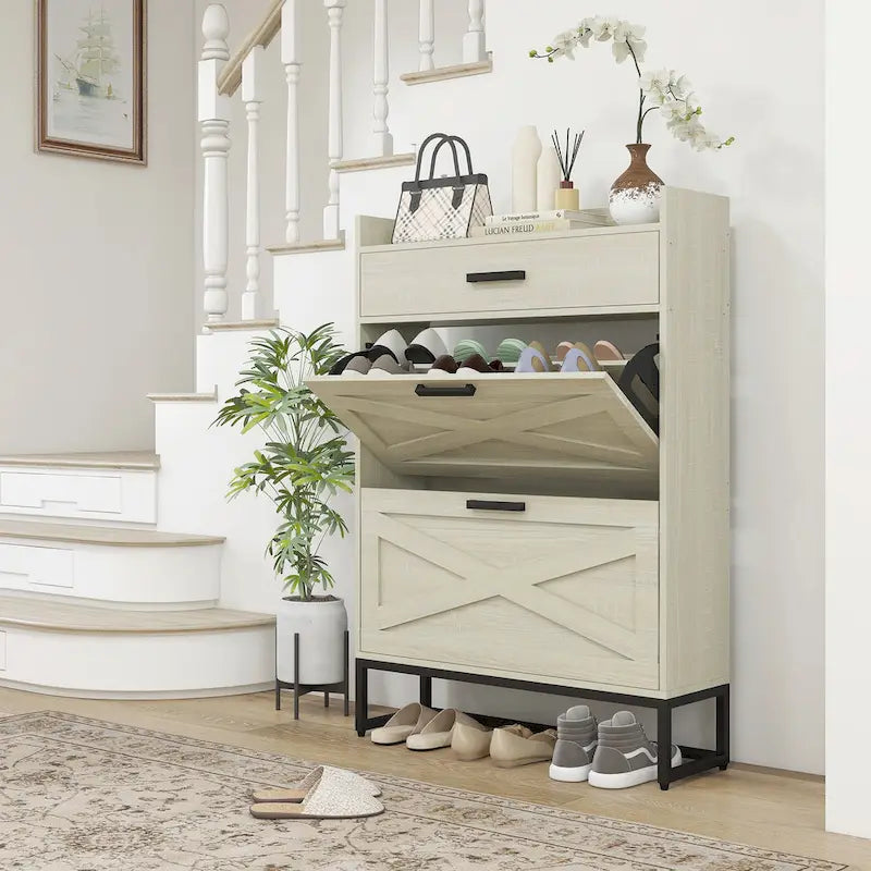 Narrow Shoe Cabinet, Industrial Shoe Storage Cabinet with 2 Flip Drawers, Adjustable Shelves, and Top Drawer