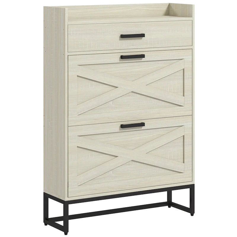 Narrow Shoe Cabinet, Industrial Shoe Storage Cabinet with 2 Flip Drawers, Adjustable Shelves, and Top Drawer