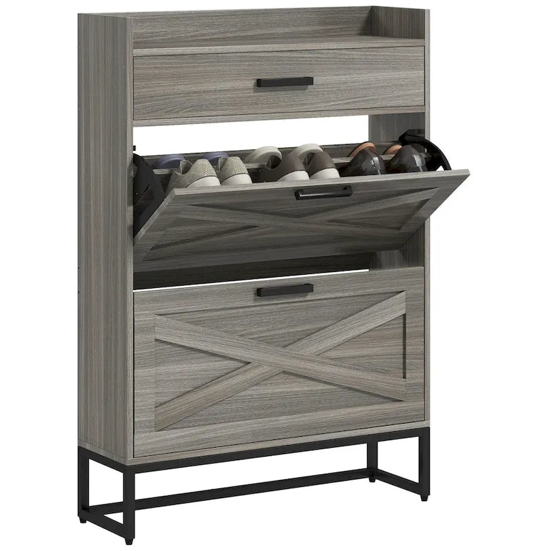 Narrow Shoe Cabinet, Industrial Shoe Storage Cabinet with 2 Flip Drawers, Adjustable Shelves, and Top Drawer