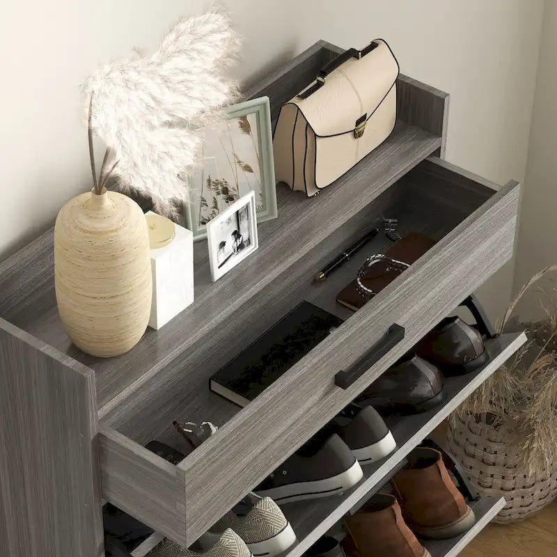 Narrow Shoe Cabinet, Industrial Shoe Storage Cabinet with 2 Flip Drawers, Adjustable Shelves, and Top Drawer