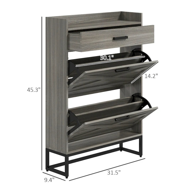 Narrow Shoe Cabinet, Industrial Shoe Storage Cabinet with 2 Flip Drawers, Adjustable Shelves, and Top Drawer