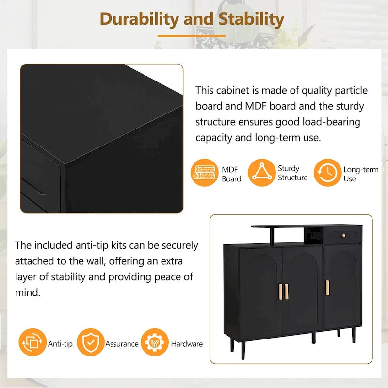 Elegant Shoe Cabinet with Arched Doors and Drawer, Cream Style Storage Sideboard with Adjustable Shelves and Solid Wood Legs