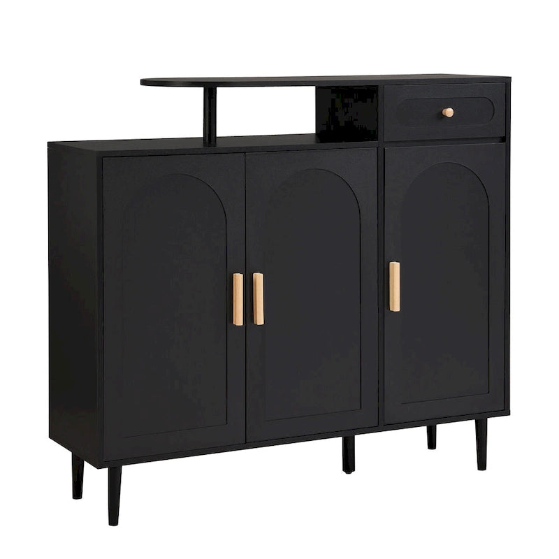 Elegant Shoe Cabinet with Arched Doors and Drawer, Cream Style Storage Sideboard with Adjustable Shelves and Solid Wood Legs