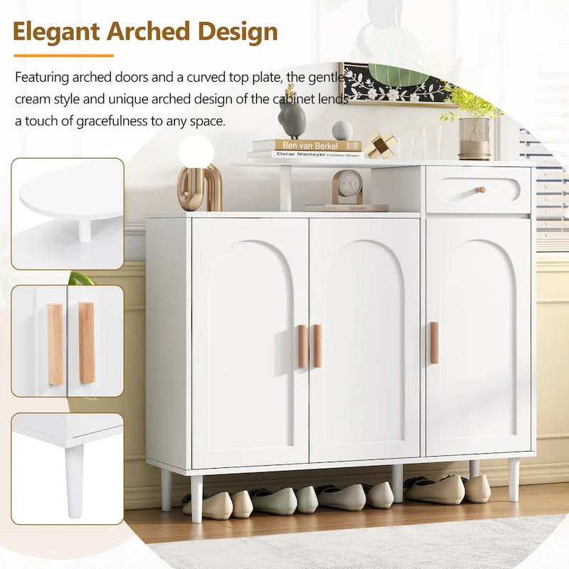 Elegant Shoe Cabinet with Arched Doors and Drawer, Cream Style Storage Sideboard with Adjustable Shelves and Solid Wood Legs
