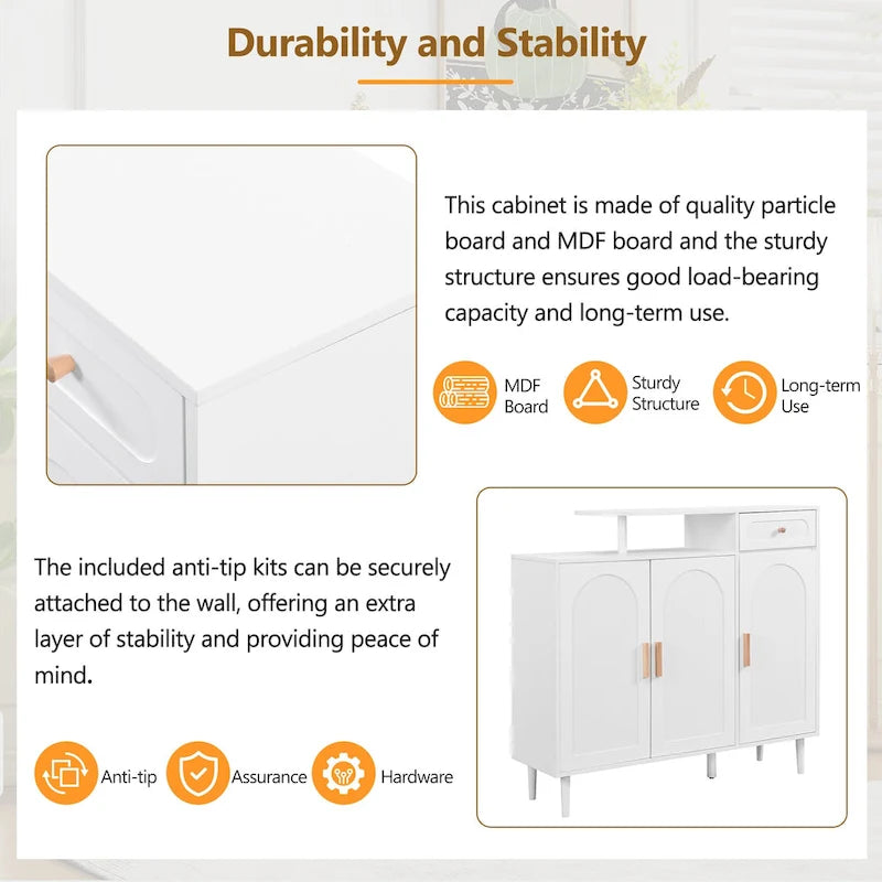 Elegant Shoe Cabinet with Arched Doors and Drawer, Cream Style Storage Sideboard with Adjustable Shelves and Solid Wood Legs
