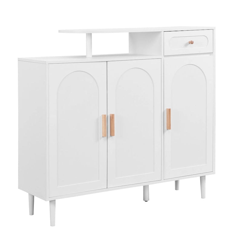 Elegant Shoe Cabinet with Arched Doors and Drawer, Cream Style Storage Sideboard with Adjustable Shelves and Solid Wood Legs
