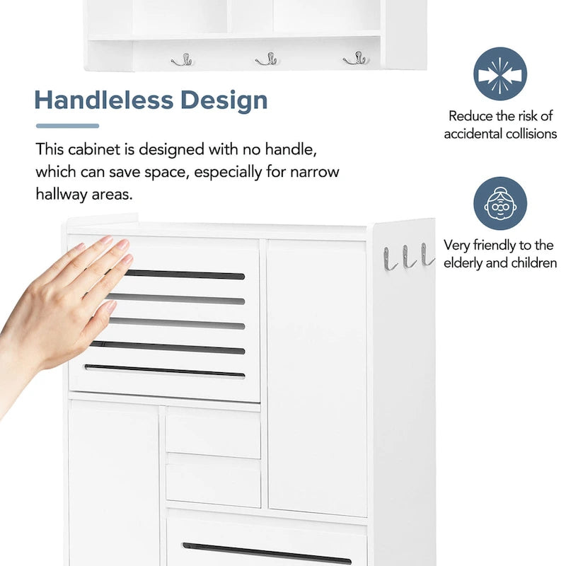 Multi-Functional Tipping Bucket Shoe Cabinet with Wall Cabinet, Space-saving Design Foyer Cabinet with 2 Flip Drawers