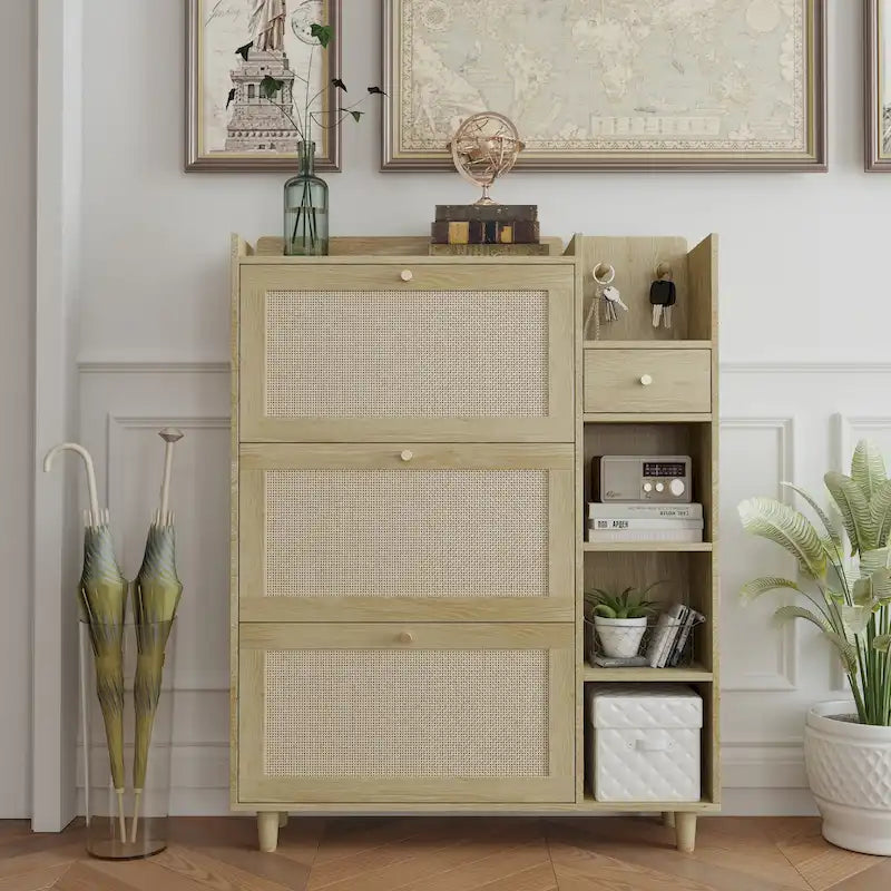 Bohemia Style Shoe Cabinet, Shoe Rack Cabinet with 3 Rattan Flip Drawers, 3 Square Shelves and 1 Storage Drawer