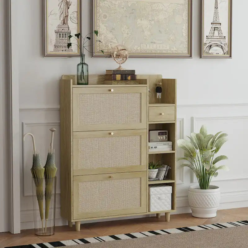 Bohemia Style Shoe Cabinet, Shoe Rack Cabinet with 3 Rattan Flip Drawers, 3 Square Shelves and 1 Storage Drawer