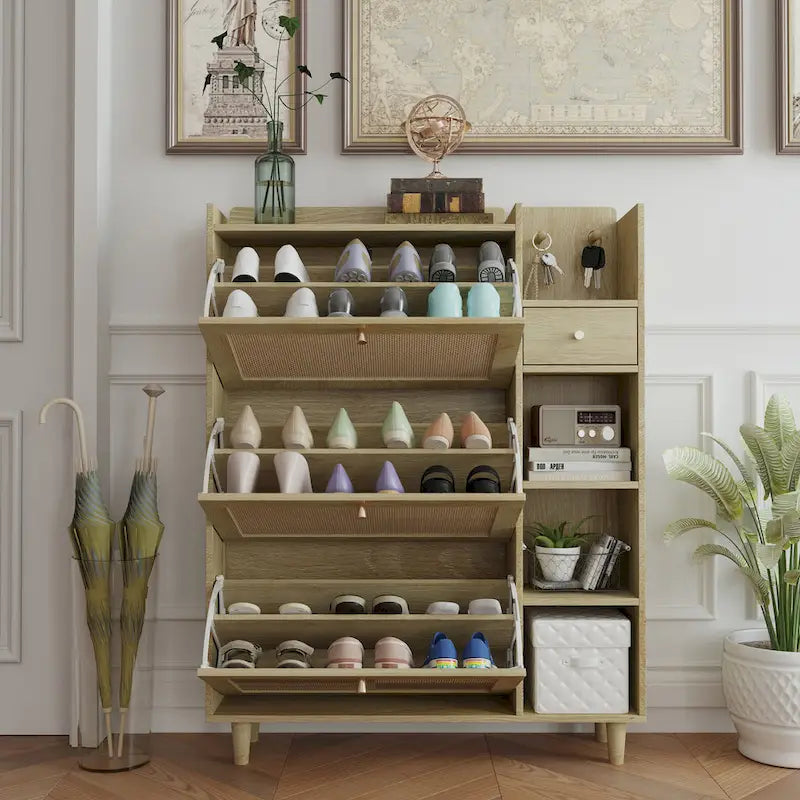 Bohemia Style Shoe Cabinet, Shoe Rack Cabinet with 3 Rattan Flip Drawers, 3 Square Shelves and 1 Storage Drawer