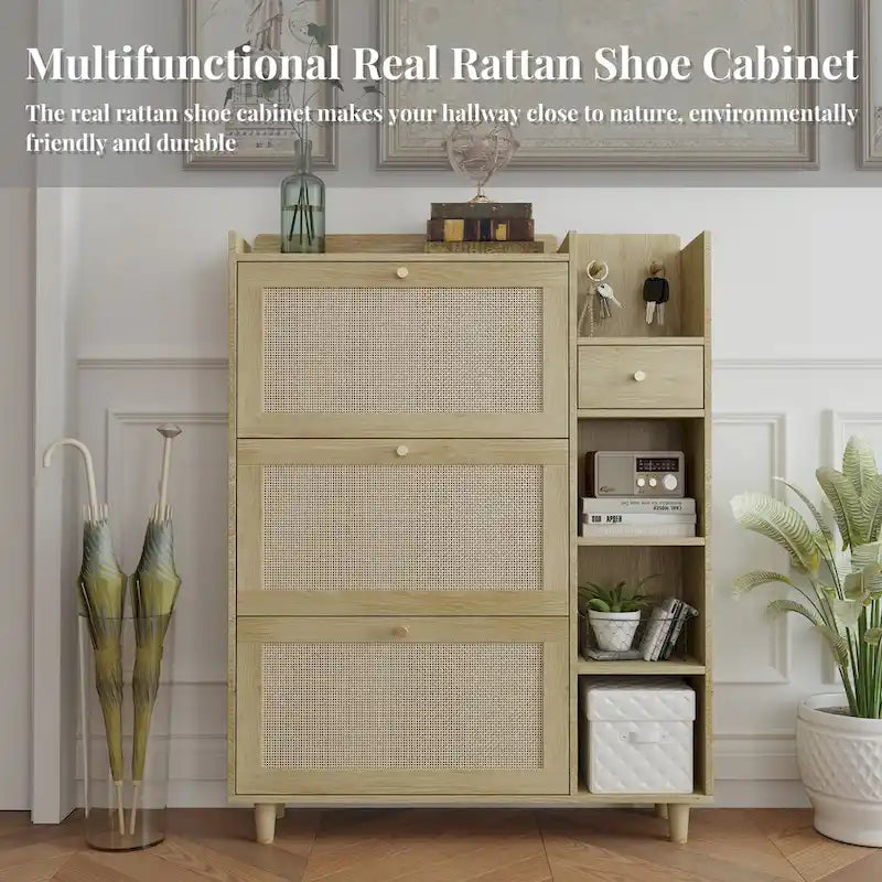 Bohemia Style Shoe Cabinet, Shoe Rack Cabinet with 3 Rattan Flip Drawers, 3 Square Shelves and 1 Storage Drawer