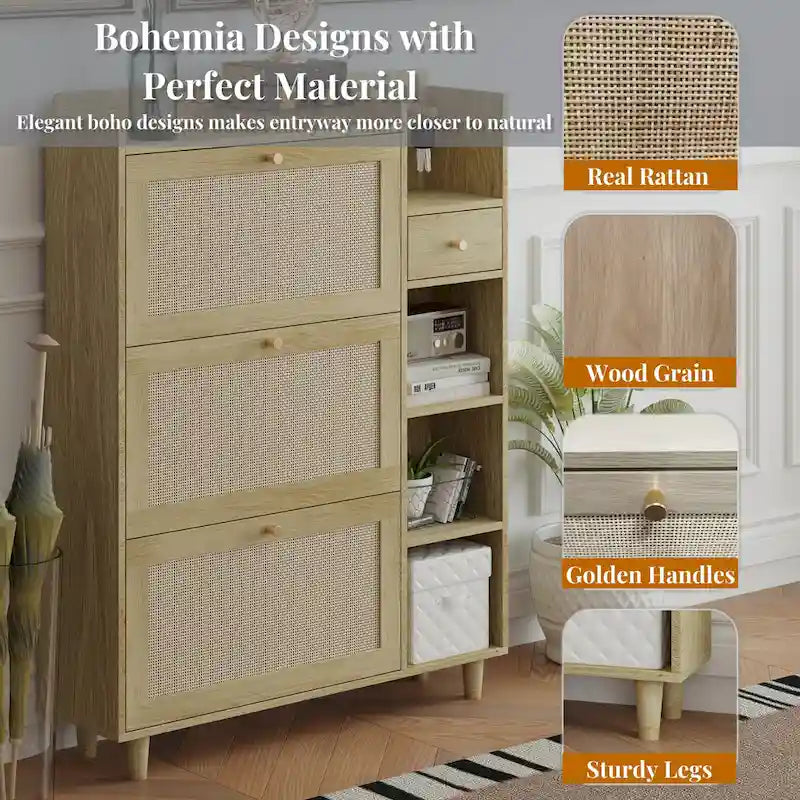 Bohemia Style Shoe Cabinet, Shoe Rack Cabinet with 3 Rattan Flip Drawers, 3 Square Shelves and 1 Storage Drawer