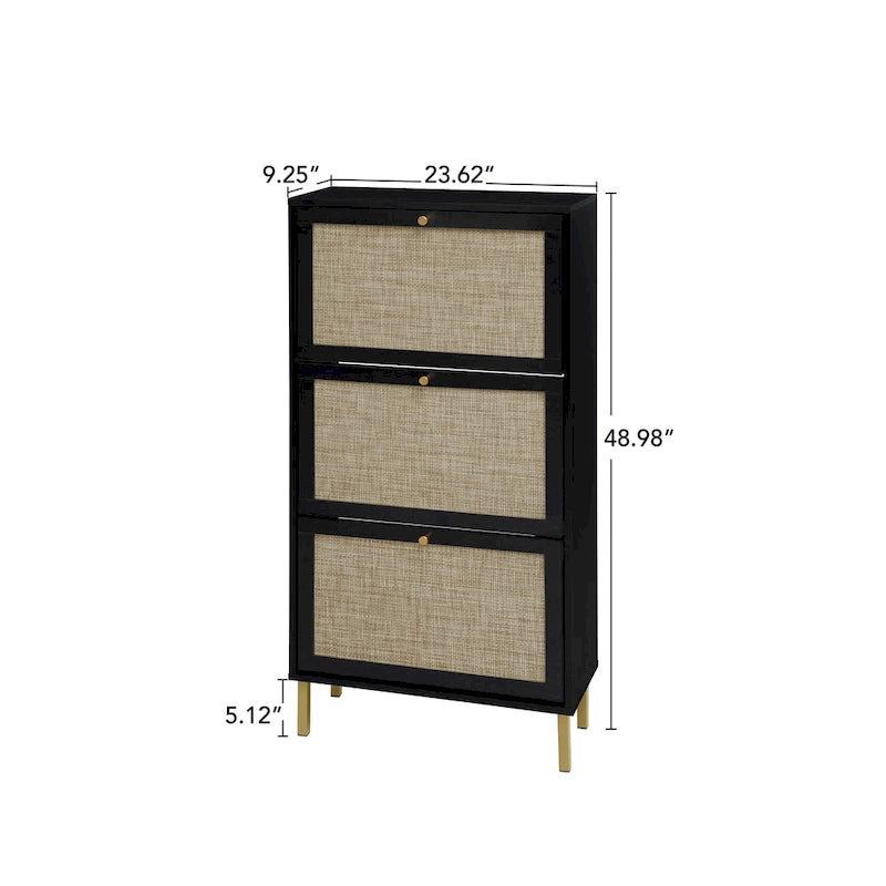 Rattan 3 Door Shoe Rack, Freestanding Modern Shoe Storage Cabinet