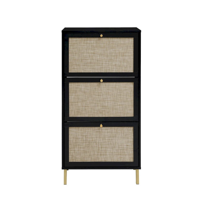 Rattan 3 Door Shoe Rack, Freestanding Modern Shoe Storage Cabinet
