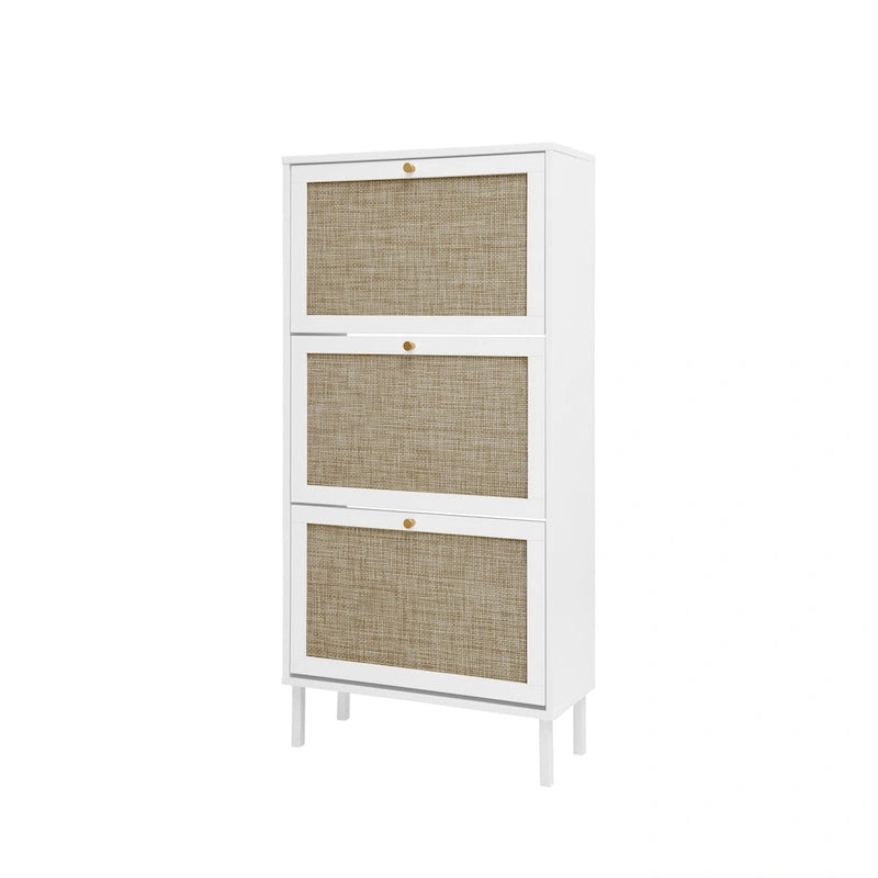 Rattan 3 Door Shoe Rack, Freestanding Modern Shoe Storage Cabinet