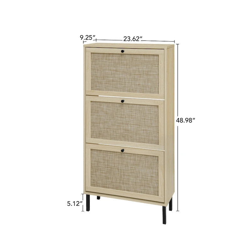 Rattan 3 Door Shoe Rack, Freestanding Modern Shoe Storage Cabinet