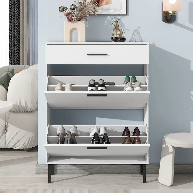 Freestanding Shoe Rack Storage Organizer with Drawers & Metal Legs, Modern Shoe Storage Cabinet with 2 Flip Drawers
