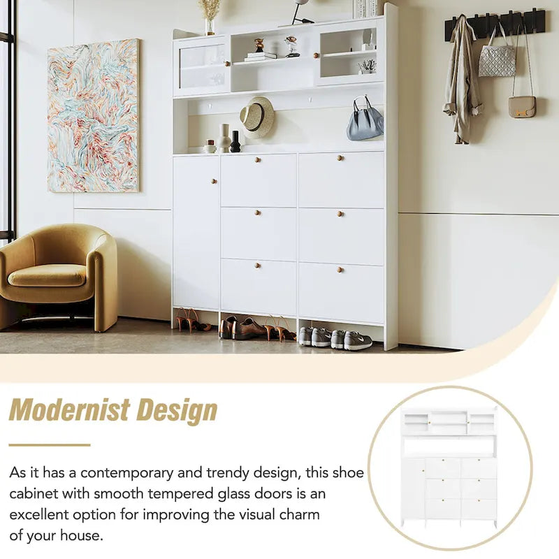 Multifunctional Tipping Bucket Shoe Cabinet with Storage Shelf & 6 Flip Drawers, Large Hall Tree with Tempered Glass Doors