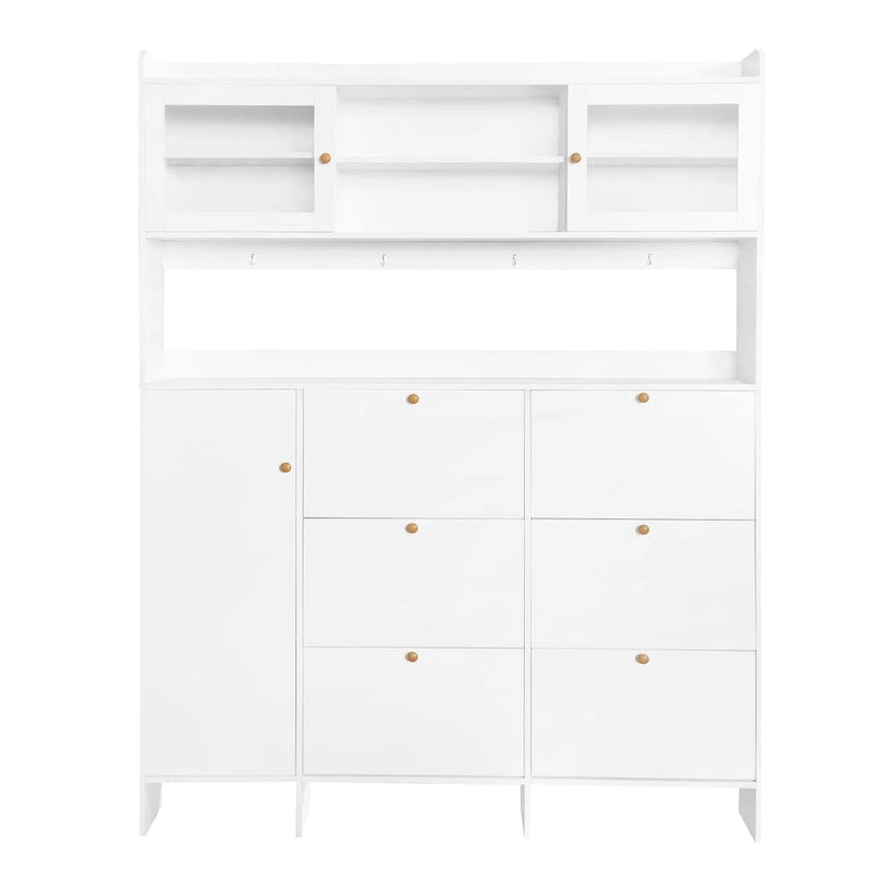 Multifunctional Tipping Bucket Shoe Cabinet with Storage Shelf & 6 Flip Drawers, Large Hall Tree with Tempered Glass Doors