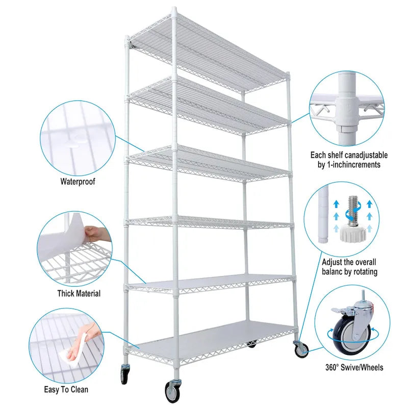 6-Tier Multifunctional Adjustable Shelf with Wheels, 6000LBS Capacity