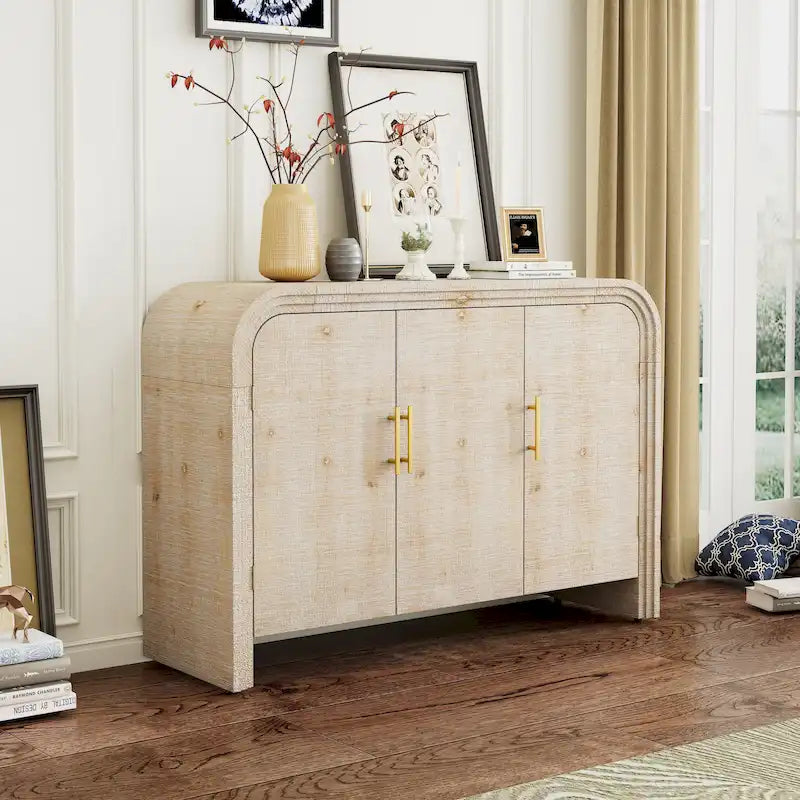 Retro Minimalist Curved Sideboard with Gold Handles and Adjustable Dividers for Living Room or Dining Room
