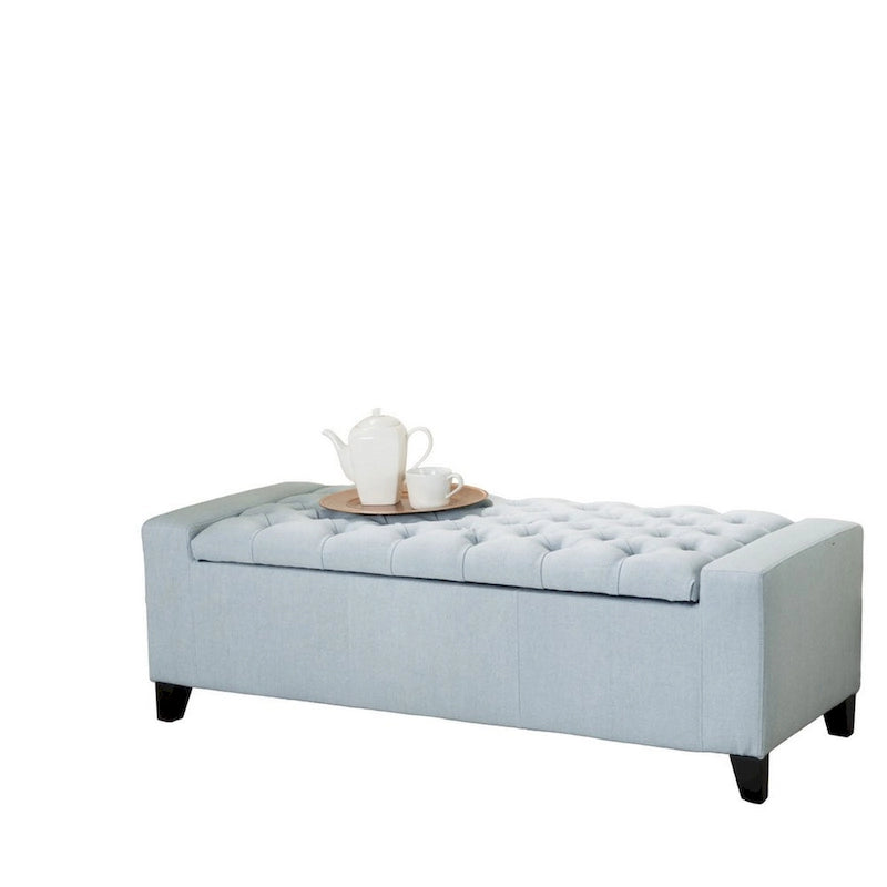 Liani Storage Ottoman Bench, Light Blue Fabric, Tufted Top, 51 Inch