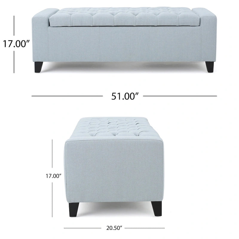 Liani Storage Ottoman Bench, Light Blue Fabric, Tufted Top, 51 Inch