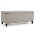 Sharon Storage Ottoman Bench, Beige Fabric, Nailhead Trim, 42 Inch