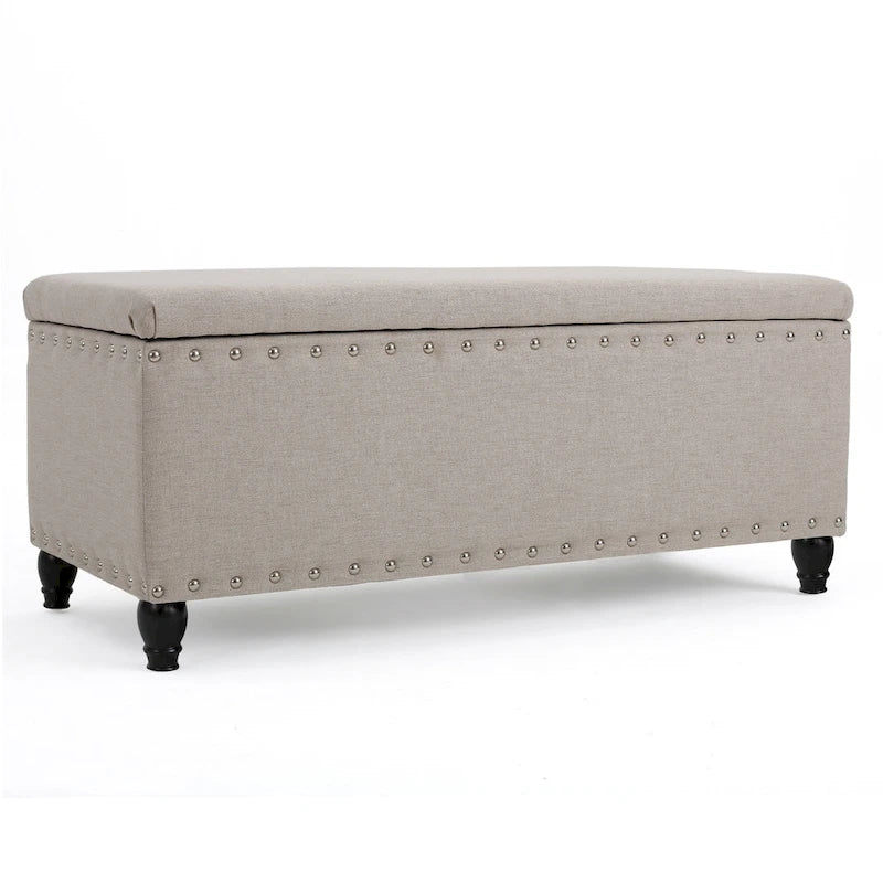 Sharon Storage Ottoman Bench, Beige Fabric, Nailhead Trim, 42 Inch