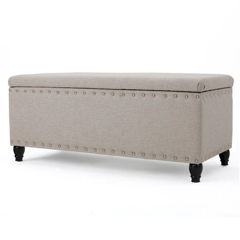 Sharon Storage Ottoman Bench, Beige Fabric, Nailhead Trim, 42 Inch