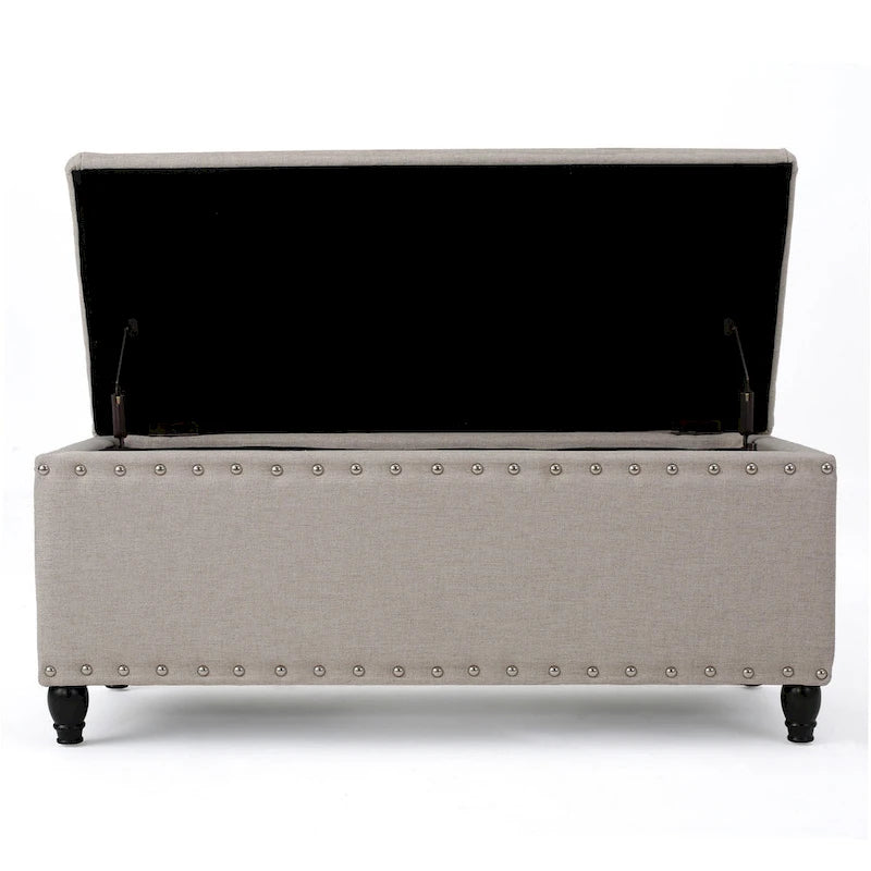 Sharon Storage Ottoman Bench, Beige Fabric, Nailhead Trim, 42 Inch