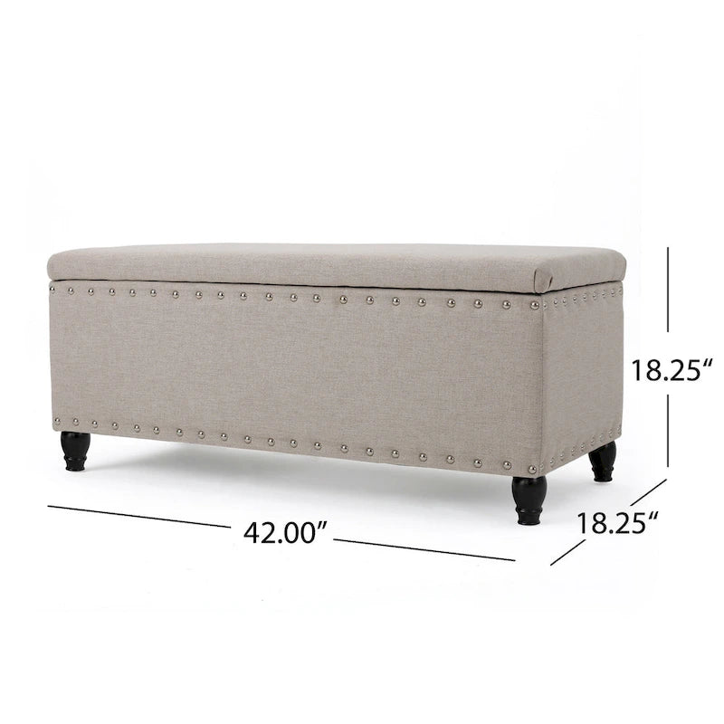 Sharon Storage Ottoman Bench, Beige Fabric, Nailhead Trim, 42 Inch