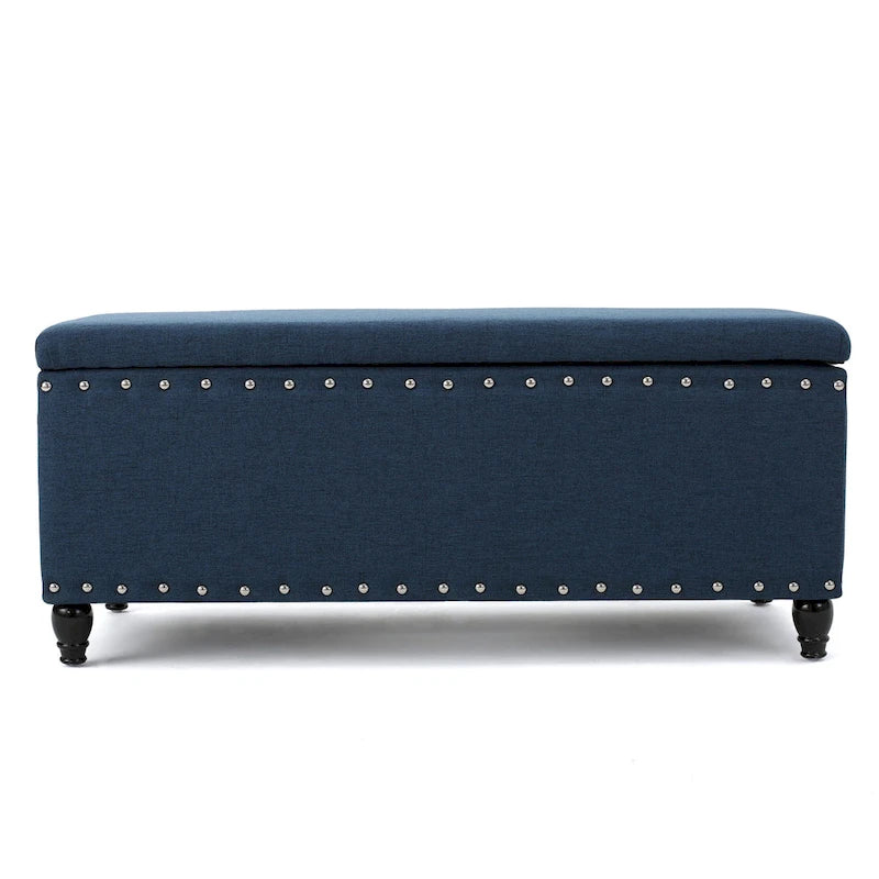 Sharon Storage Ottoman Bench, Navy Blue Fabric, Nailhead Trim, 42 Inch