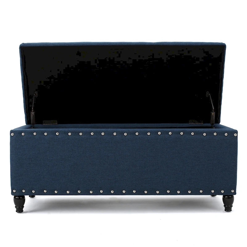 Sharon Storage Ottoman Bench, Navy Blue Fabric, Nailhead Trim, 42 Inch