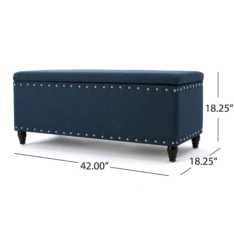 Sharon Storage Ottoman Bench, Navy Blue Fabric, Nailhead Trim, 42 Inch