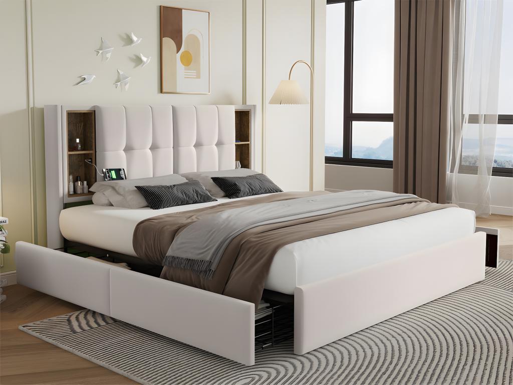 Beige Velvet Bed, 160 x 200 cm
