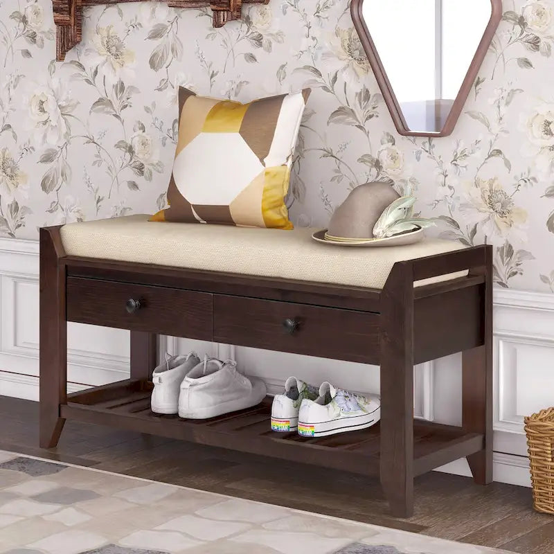 TREXM Shoe Rack with Cushioned Seat and Drawers
