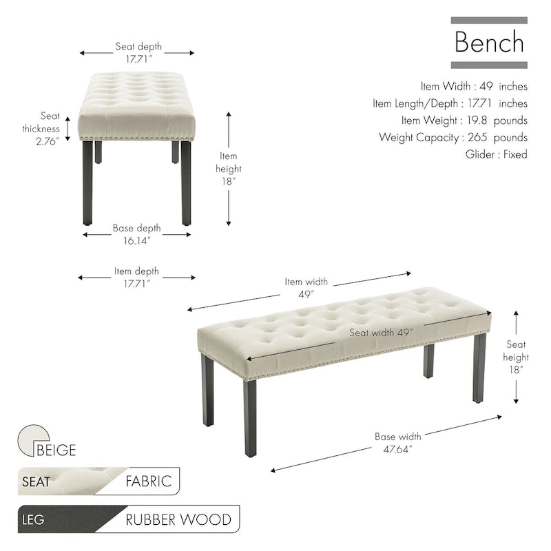 Porthos Home Gil Fabric Upholstered Accent Bench with Rubberwood Legs