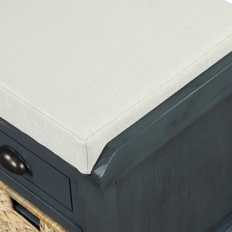 Rustic Storage Bench with 3 Drawers and 3 Rattan Baskets