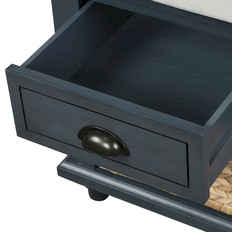 Rustic Storage Bench with 3 Drawers and 3 Rattan Baskets