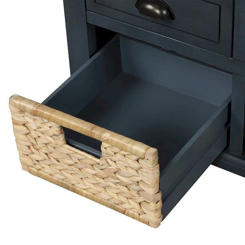 Rustic Storage Bench with 3 Drawers and 3 Rattan Baskets