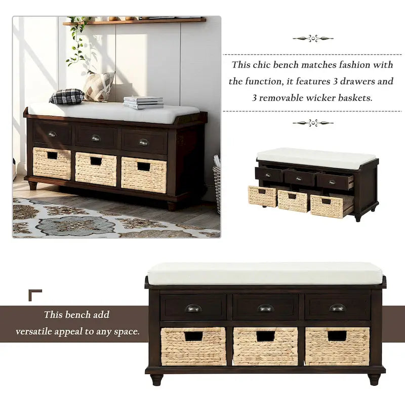 Rustic Storage Bench with 3 Drawers and 3 Rattan Baskets
