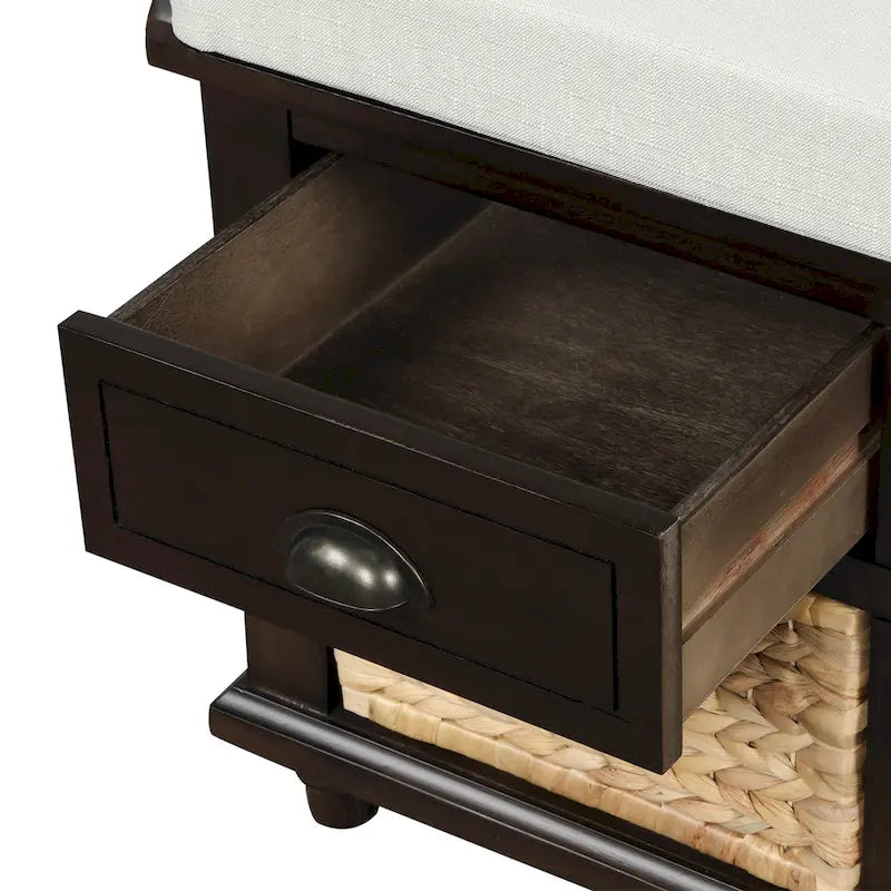 Rustic Storage Bench with 3 Drawers and 3 Rattan Baskets