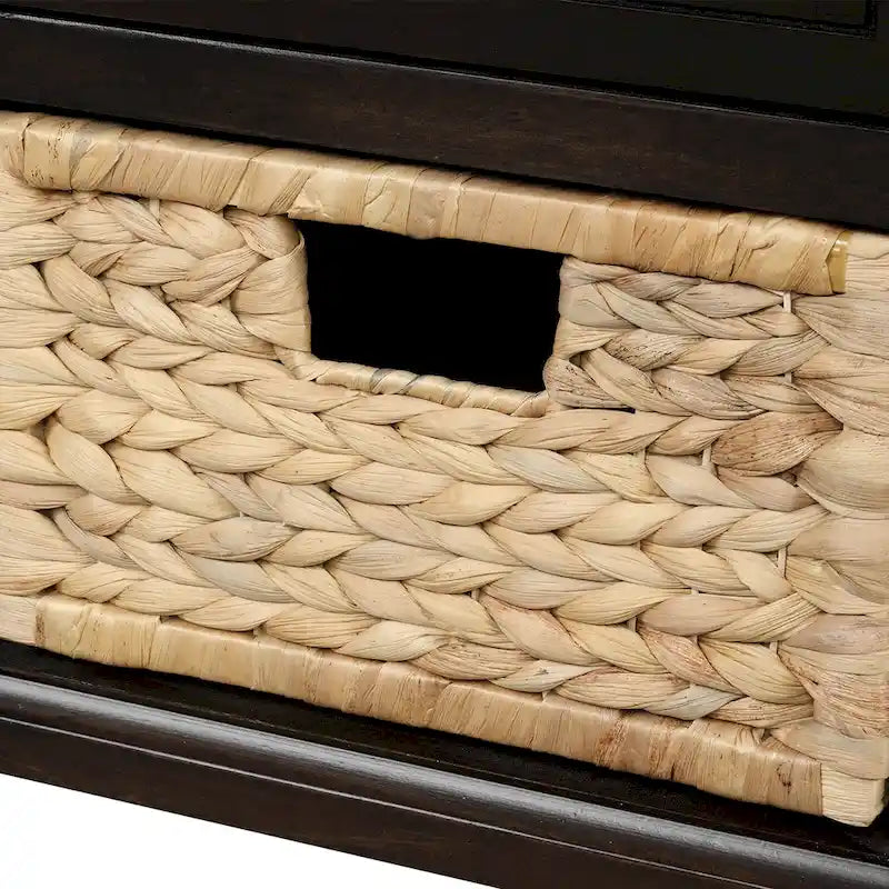 Rustic Storage Bench with 3 Drawers and 3 Rattan Baskets