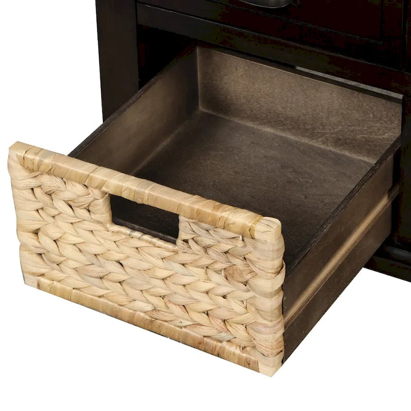 Rustic Storage Bench with 3 Drawers and 3 Rattan Baskets