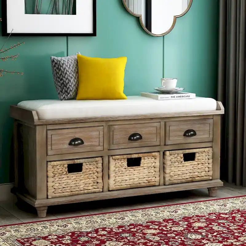 Rustic Storage Bench with 3 Drawers and 3 Rattan Baskets