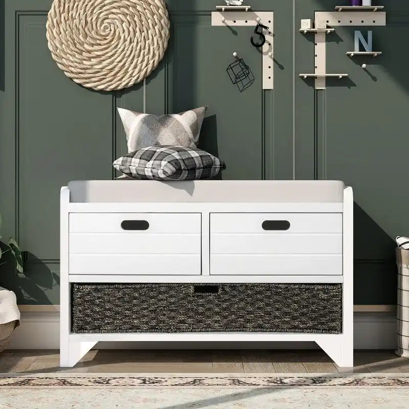 Grondin Retro Framhouse Style Entry Storage Shoe Bench with Padded Cushion, 2 Drawers and Removable Basket