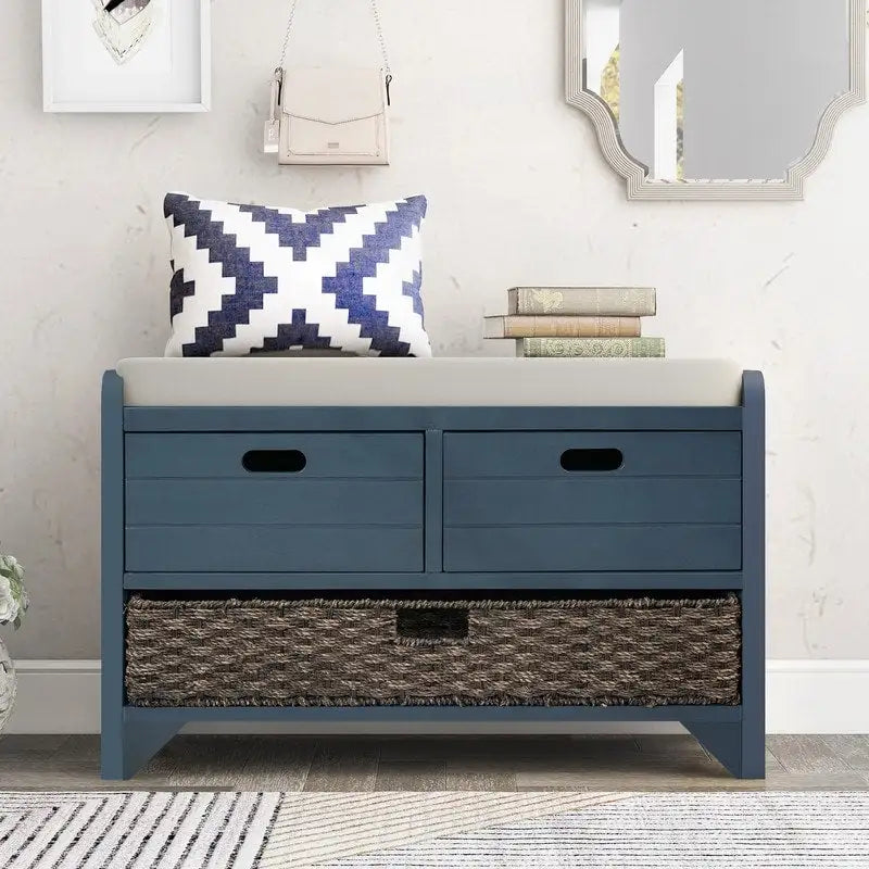 Grondin Retro Framhouse Style Entry Storage Shoe Bench with Padded Cushion, 2 Drawers and Removable Basket
